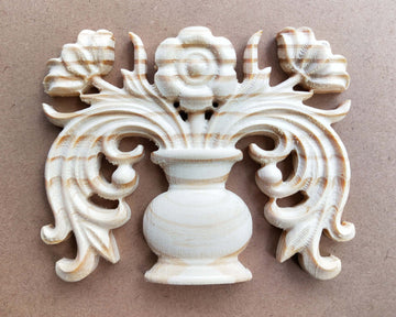 Kalash Shape Wood Carving Rosette Applique Wood Embellishments Ornate Furniture Appliques