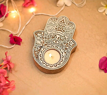 Wooden Christmas Hand Shape Tea Light Candle Holder Stand Handmade Block