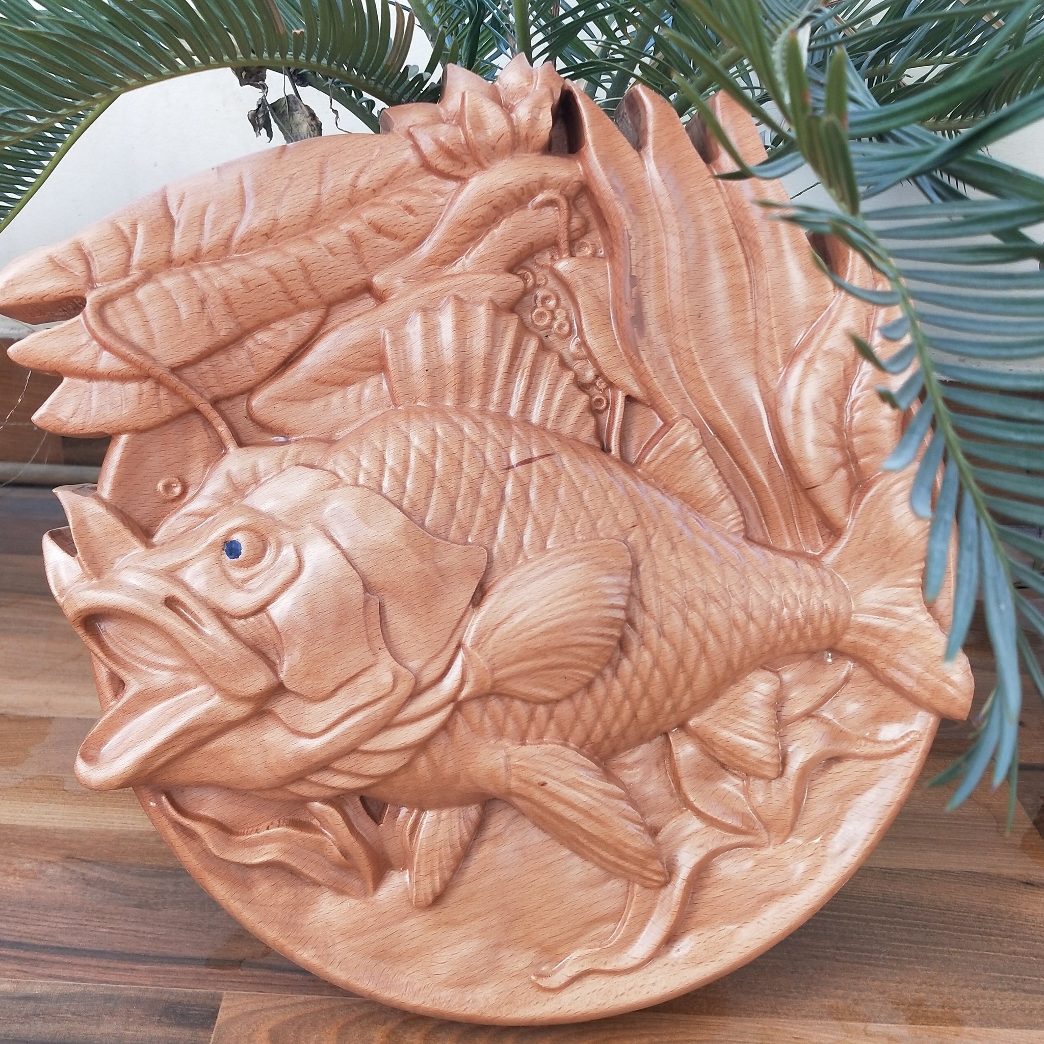 Handmade Fish Wood Carved Wall Art, 3D Wood Wall Decoration
