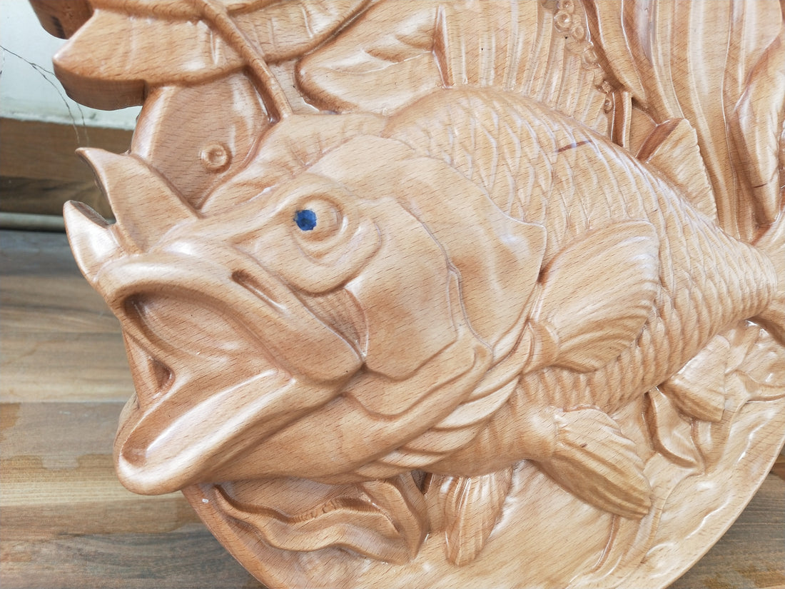 Handmade Fish Wood Carved Wall Art, 3D Wood Wall Decoration