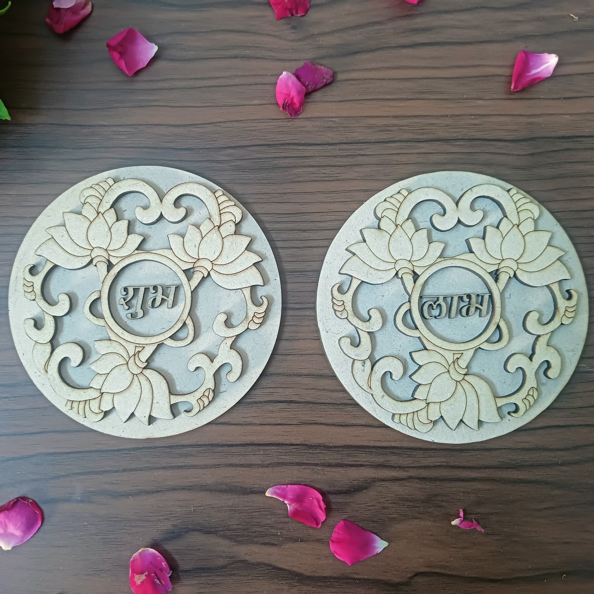 MDF Round Lotus Pattern Shubh Labh Cutouts