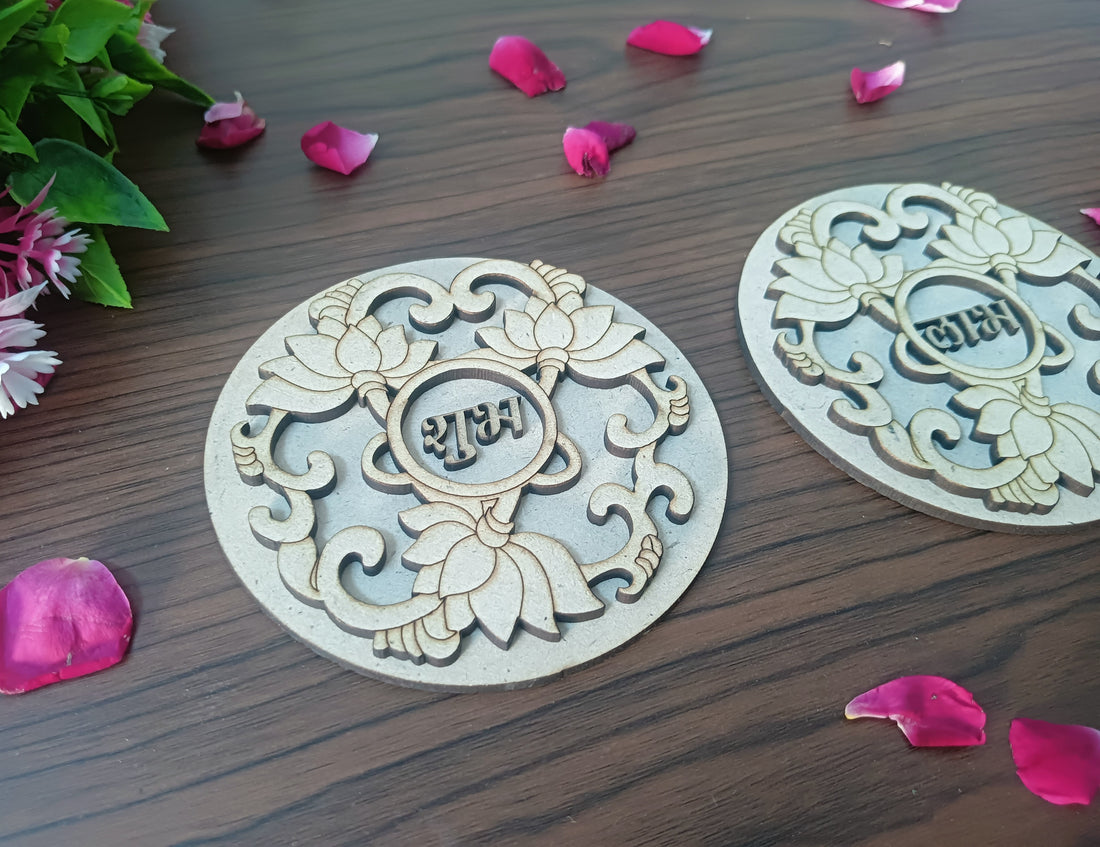 MDF Round Lotus Pattern Shubh Labh Cutouts