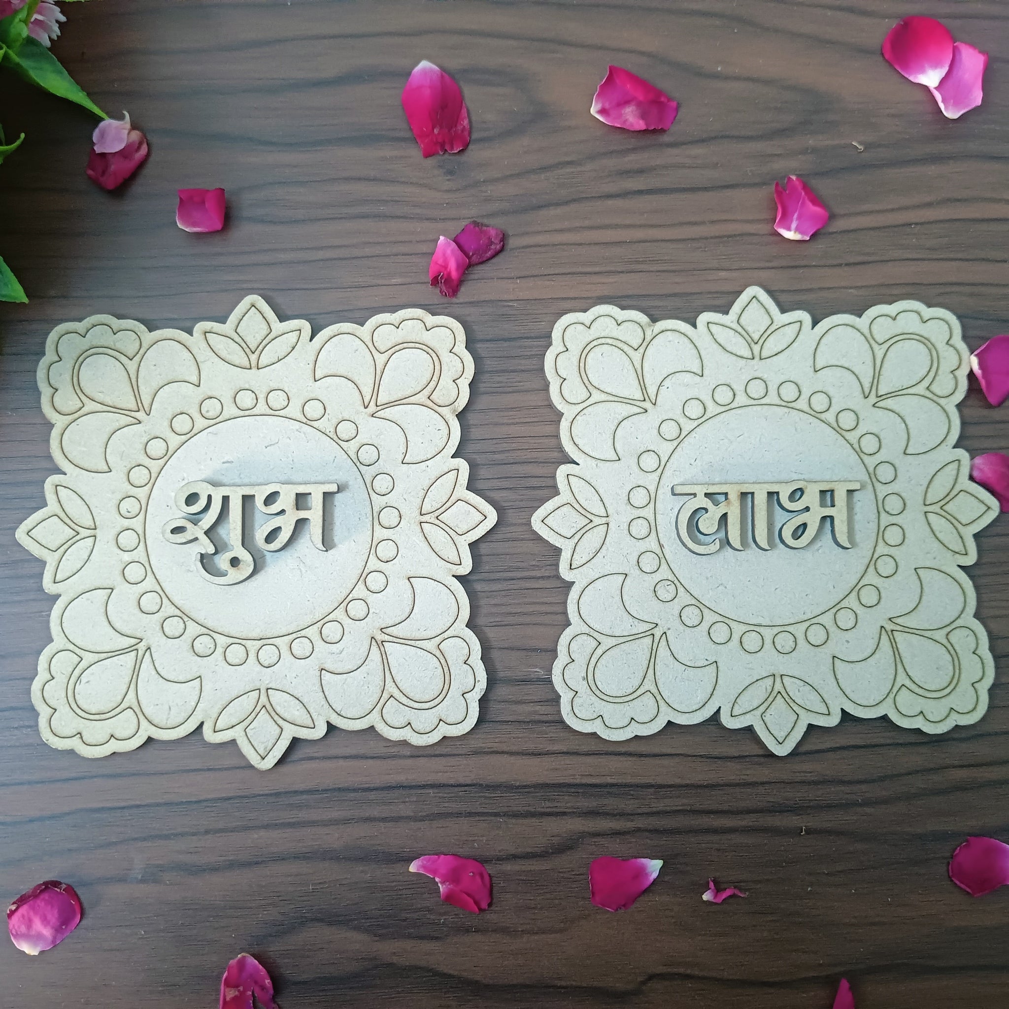 MDF Flower Square Shape Shubh Labh Cutouts