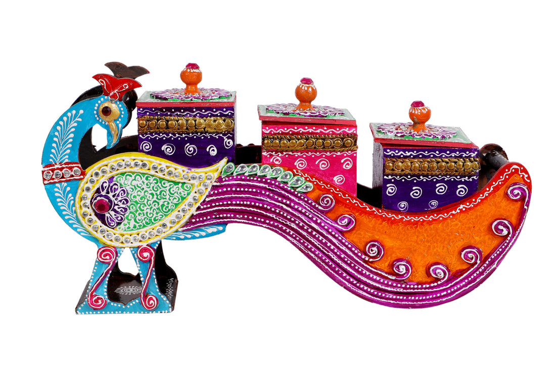 Multicolor Paper Mache Art Work Peacock Shape Dry Fruit Box