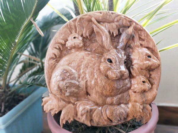Handmade Rabbit Wood Carved Wall Art, 3D Wood Wall Decoration