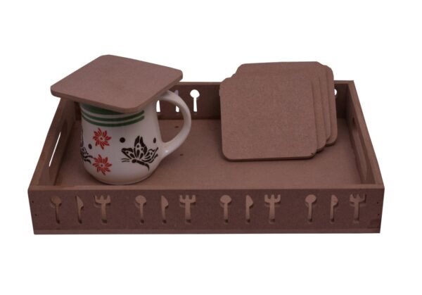 Spoon and Fork Style MDF Tray, Unfinished MDF Tray with 6 Coasters