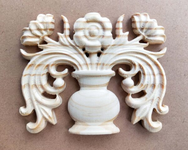 Kalash Shape Wood Carving Rosette Applique Wood Embellishments Ornate Furniture Appliques