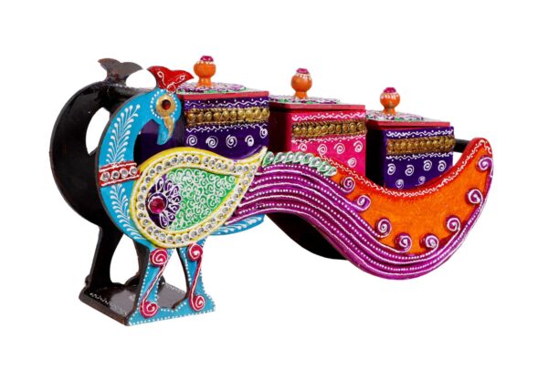 Multicolor Paper Mache Art Work Peacock Shape Dry Fruit Box