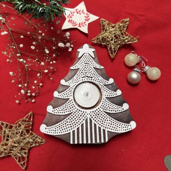 Wooden Christmas Tree Design Tea Light Candle Holder Stand Handmade Block