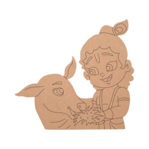 MDF Pre Marked Little Krishna Feeding Grass Calf Cutout