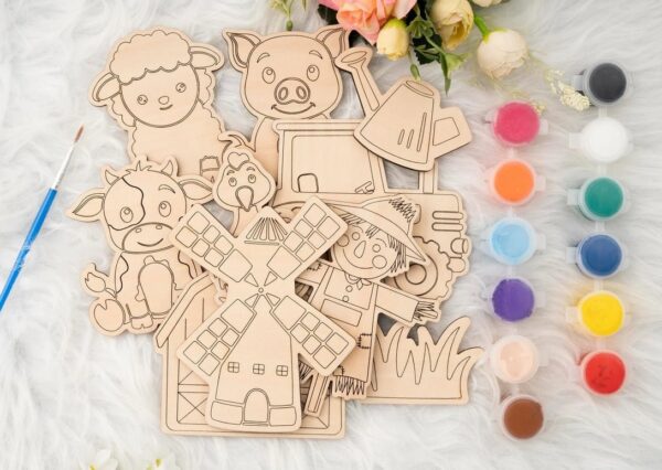 DIY Wooden Unfinished Farm Painting Kit For Kids, MDF DIY Coloring Craft Set