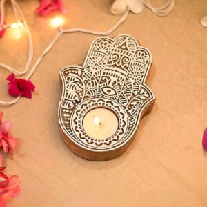 Wooden Christmas Hand Shape Tea Light Candle Holder Stand Handmade Block
