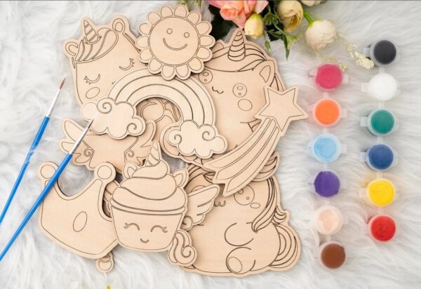 Unfinished Unicorn Painting Kit, Pine MDF DIY Coloring Set For Kids