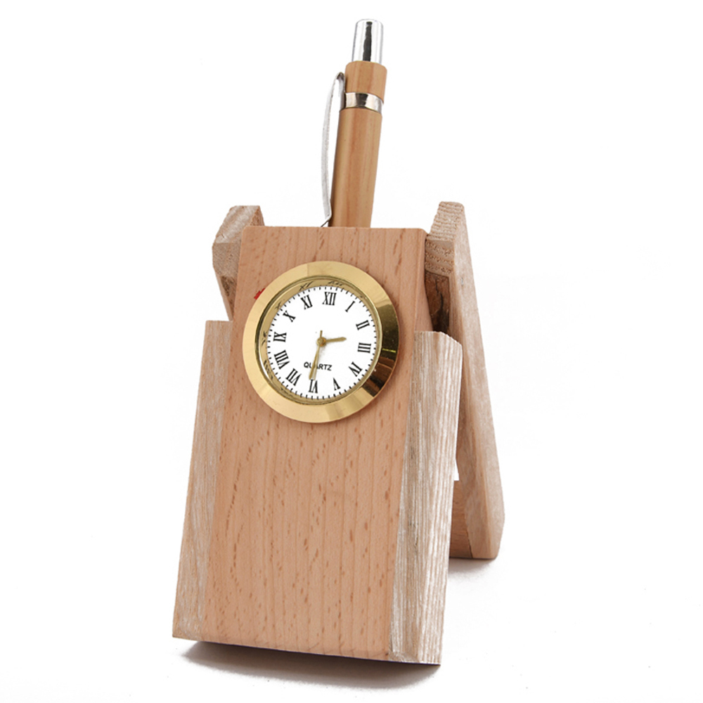 Personalized Logo Name Engrave Wooden Single Pen Stand with Clock