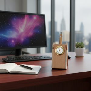 Personalized Logo Name Engrave Wooden Single Pen Stand with Clock