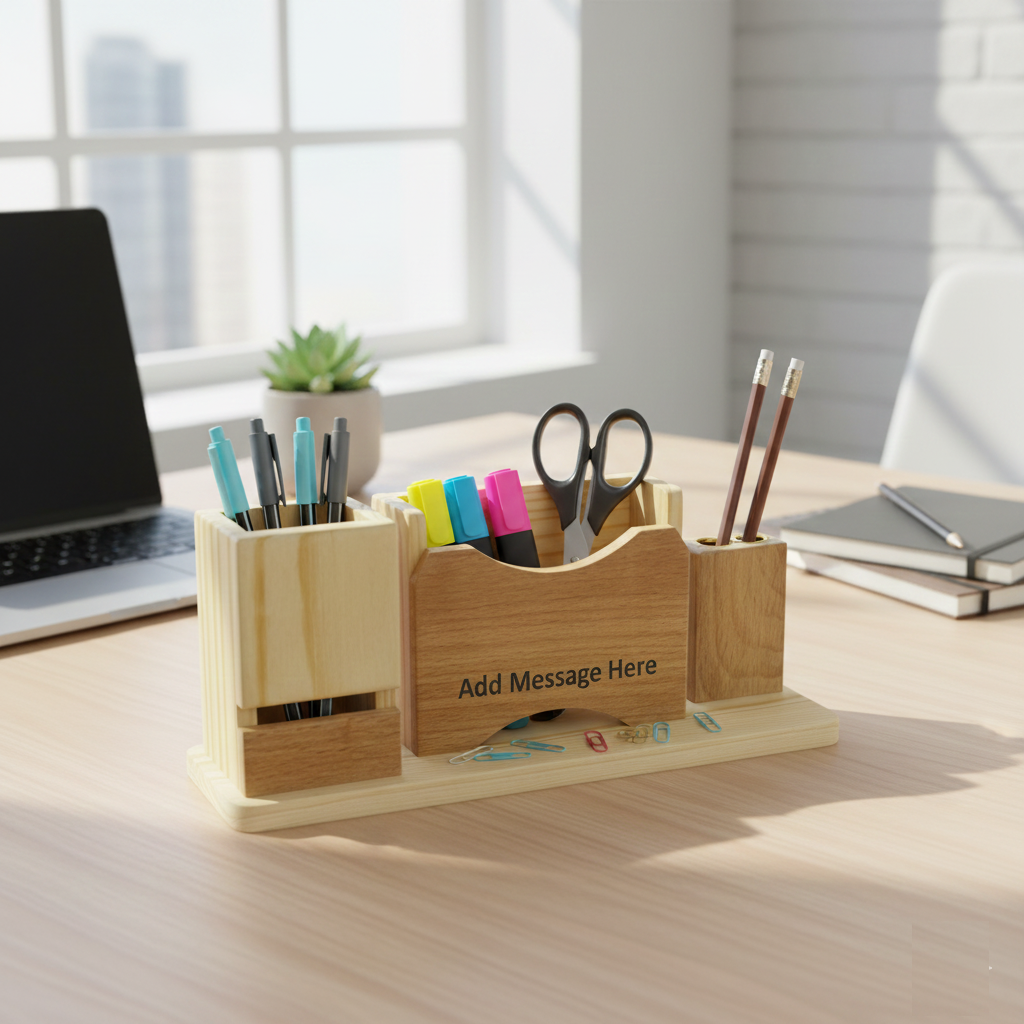 Custom Engraved Wooden Desk Organizer | Premium Corporate Gift & Office Table Accessory