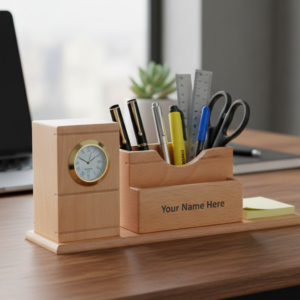 Custom Engraved Wooden Desk Organizer | Premium Corporate Gift & Office Table Accessory