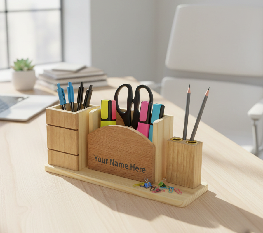 Wooden Pen Holder for Stationery & Office Supplies