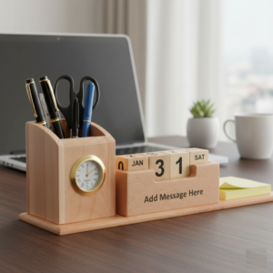 Customized Wooden Desk Organizer with Clock, Pen holder and Calendar