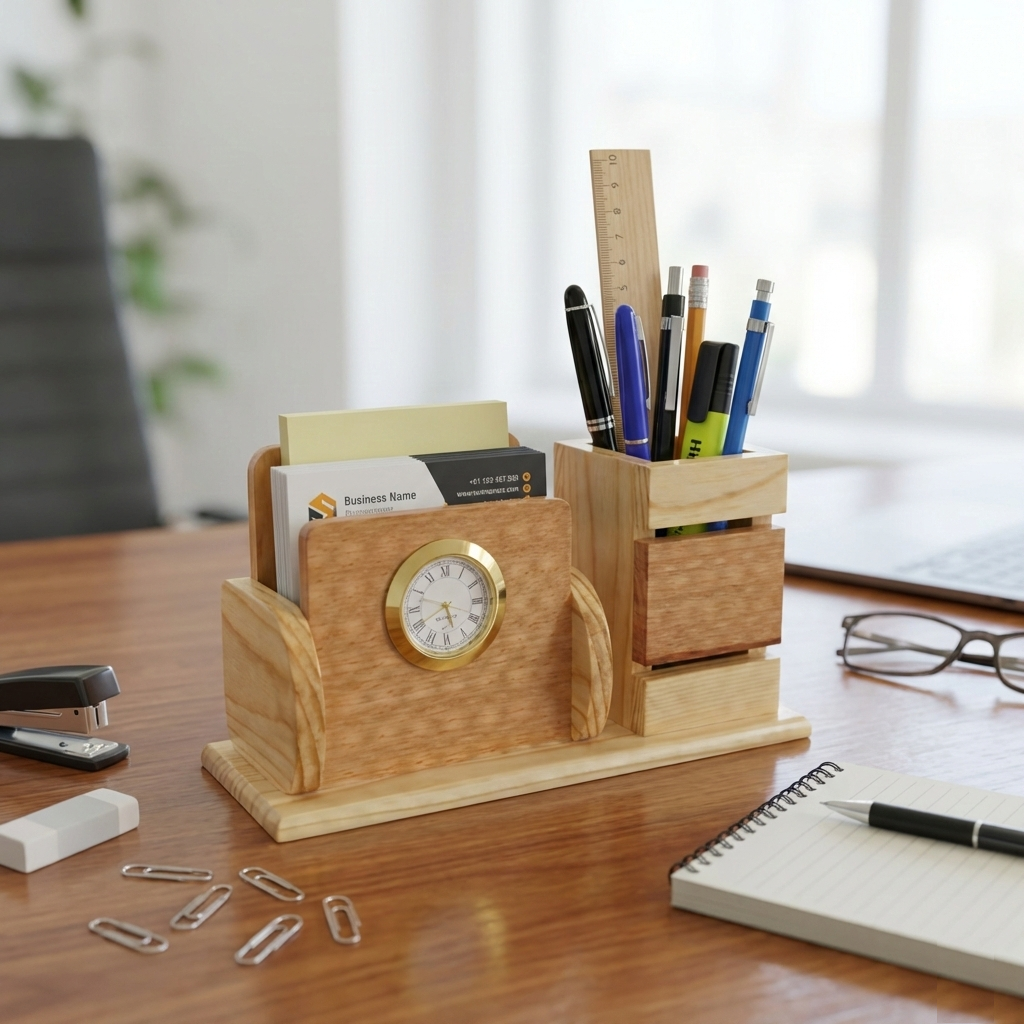Natural Wood Pen Stand with Custom Engraving
