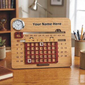 Wooden Perpetual Calendar Rectangle with Clock