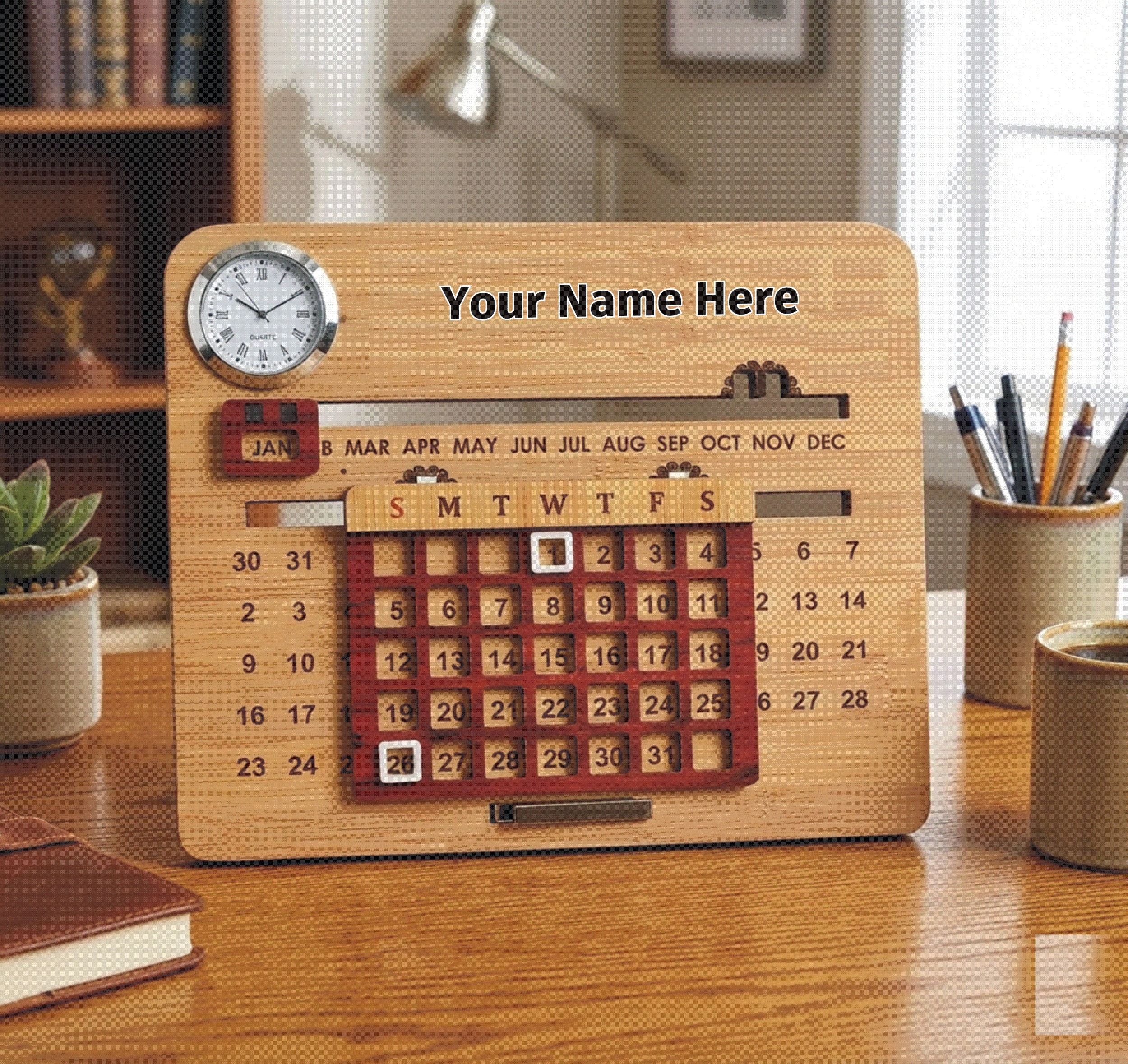 Wooden Perpetual Calendar Rectangle with Clock
