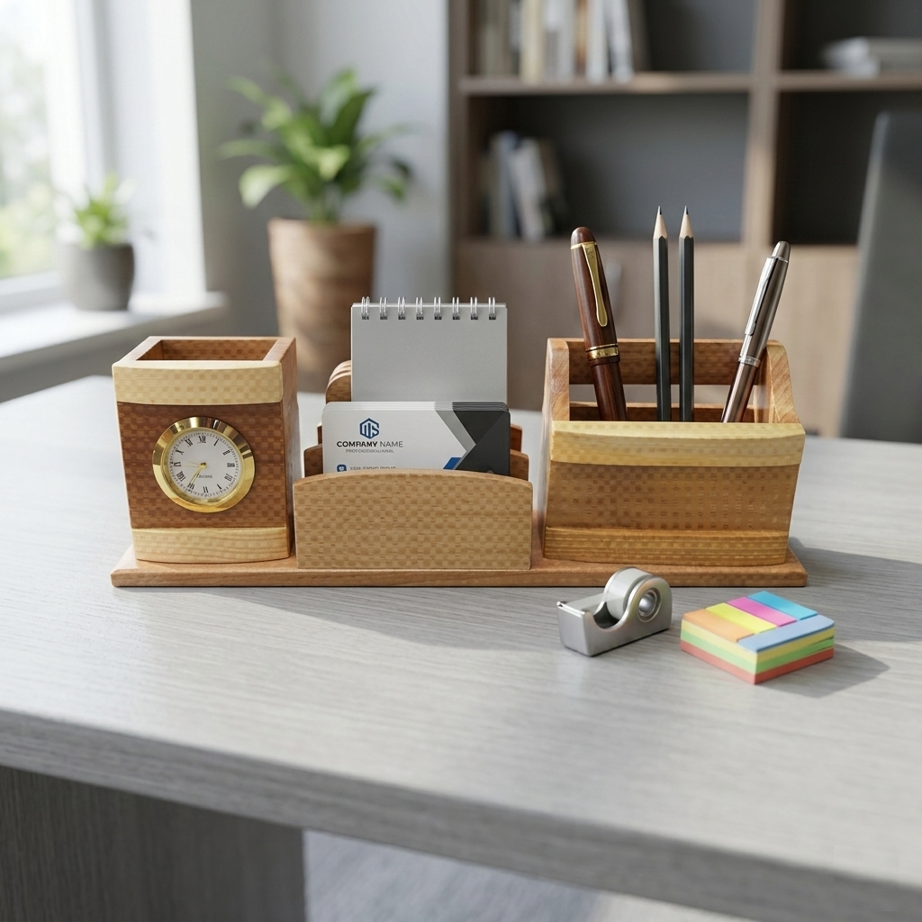 Natural Wood Premium Stationery Holder with Coaster Set